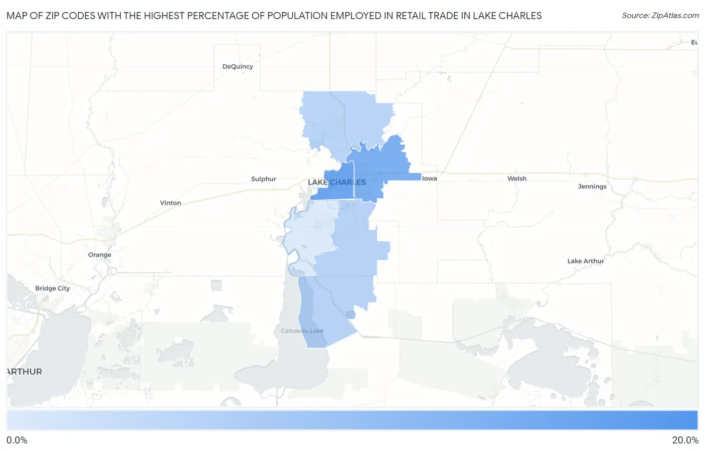 Zip Codes with the Highest Percentage of Population Employed in Retail Trade in Lake Charles Map