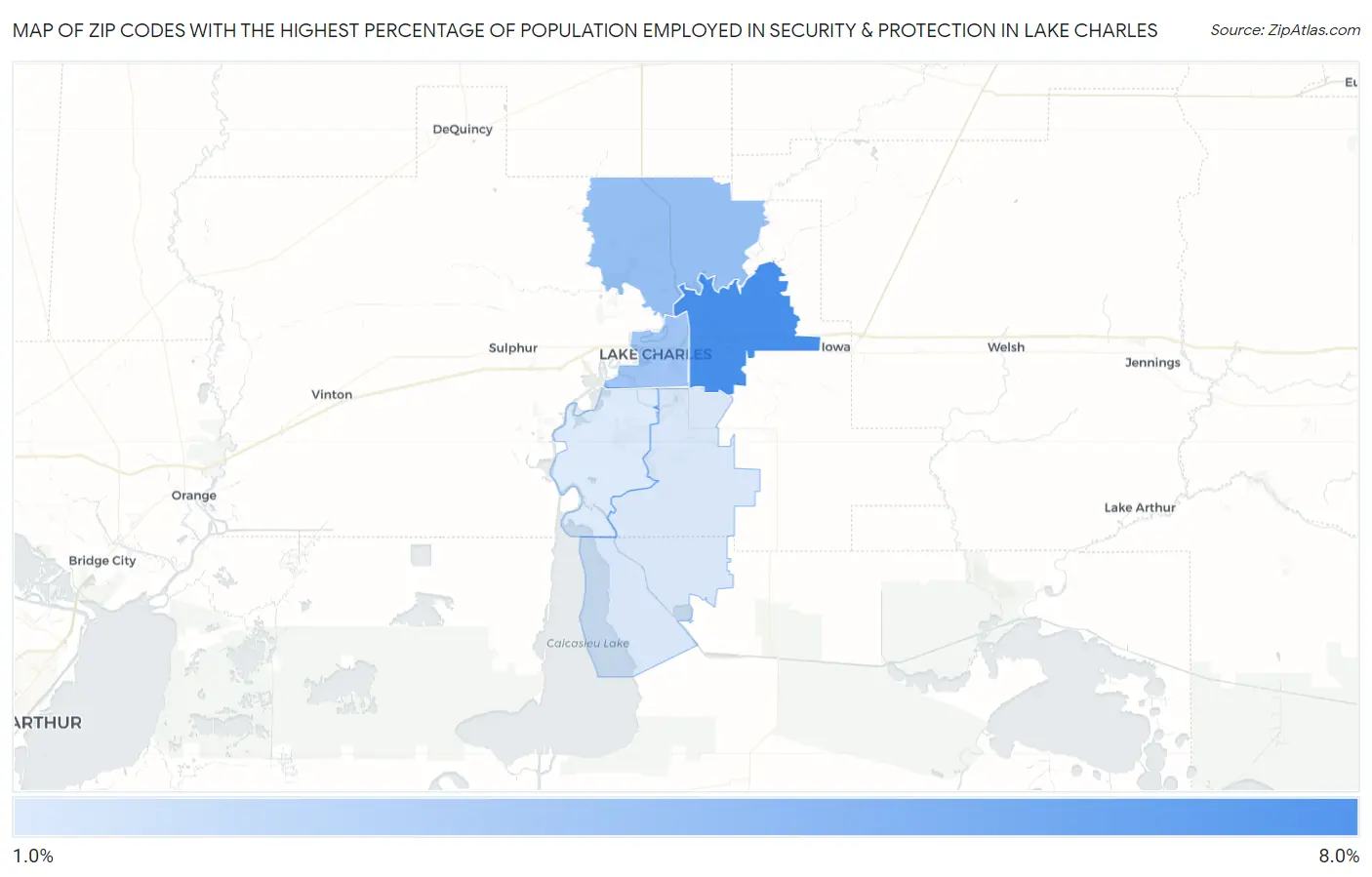 Zip Codes with the Highest Percentage of Population Employed in Security & Protection in Lake Charles Map