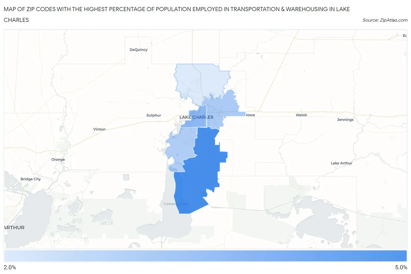Zip Codes with the Highest Percentage of Population Employed in Transportation & Warehousing in Lake Charles Map