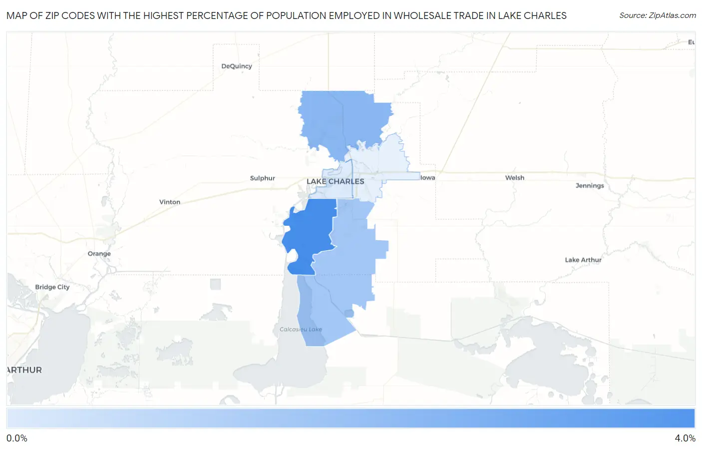 Zip Codes with the Highest Percentage of Population Employed in Wholesale Trade in Lake Charles Map