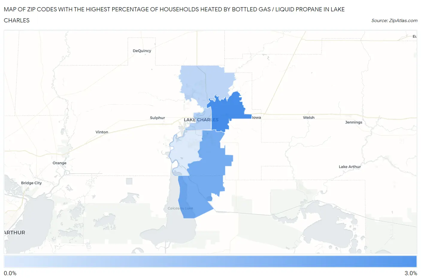 Zip Codes with the Highest Percentage of Households Heated by Bottled Gas / Liquid Propane in Lake Charles Map