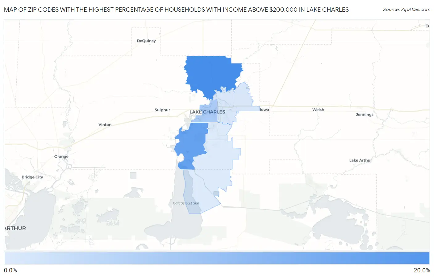 Zip Codes with the Highest Percentage of Households with Income Above $200,000 in Lake Charles Map