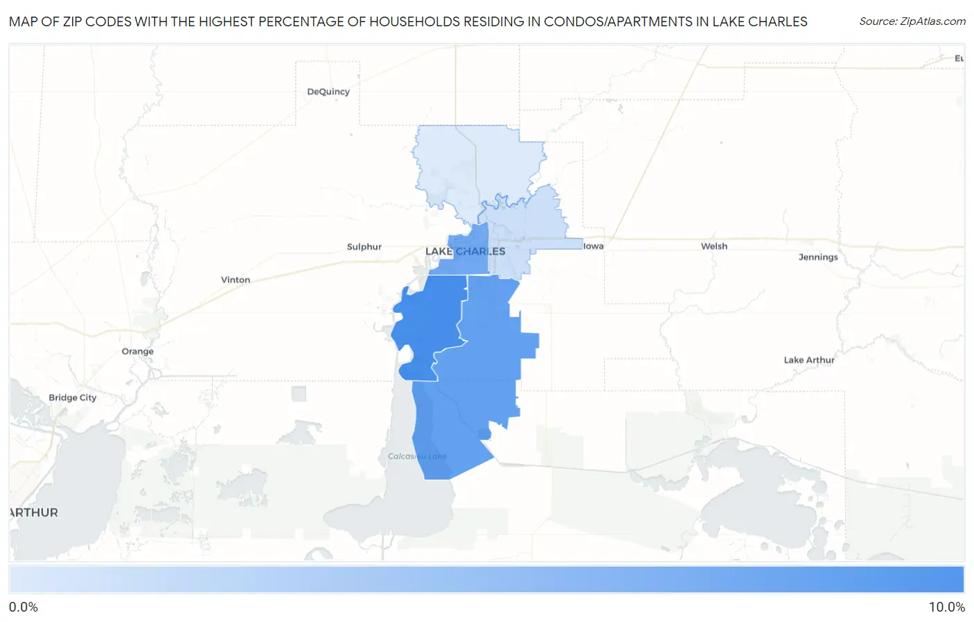 Zip Codes with the Highest Percentage of Households Residing in Condos/Apartments in Lake Charles Map