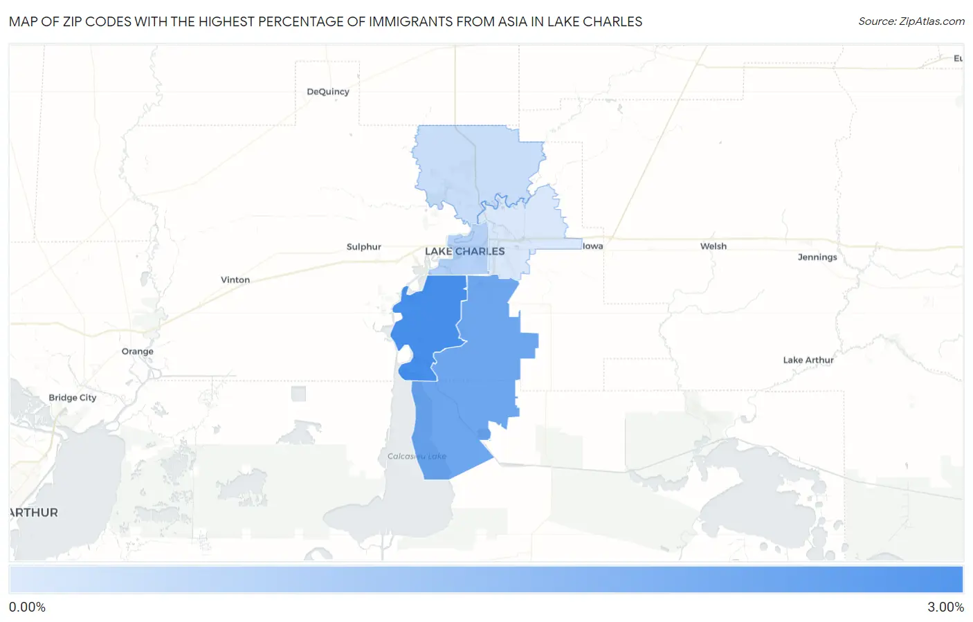 Zip Codes with the Highest Percentage of Immigrants from Asia in Lake Charles Map