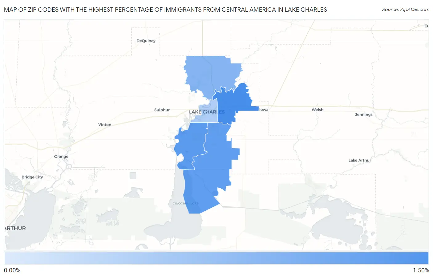 Zip Codes with the Highest Percentage of Immigrants from Central America in Lake Charles Map
