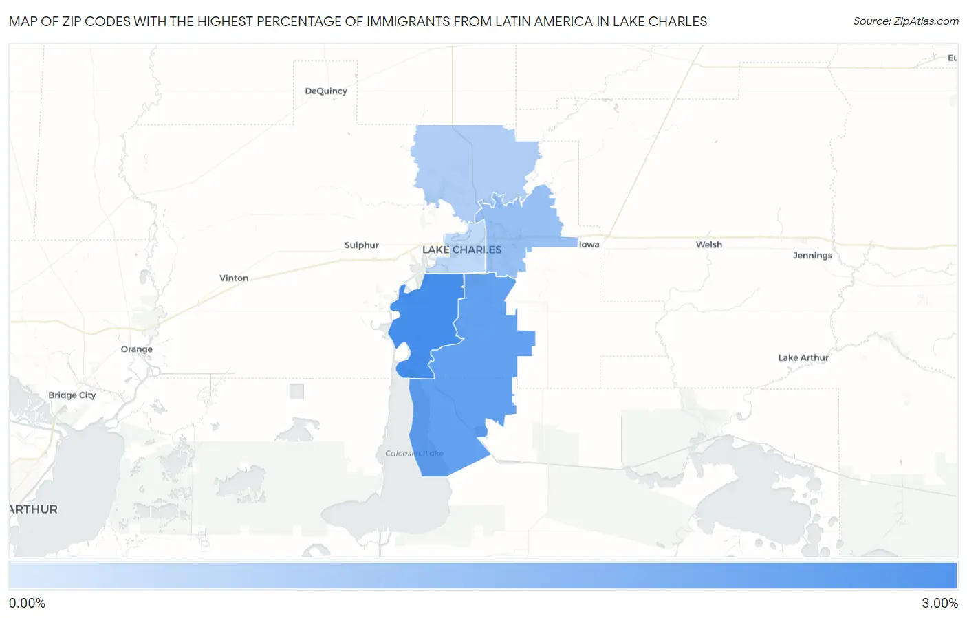 Zip Codes with the Highest Percentage of Immigrants from Latin America in Lake Charles Map