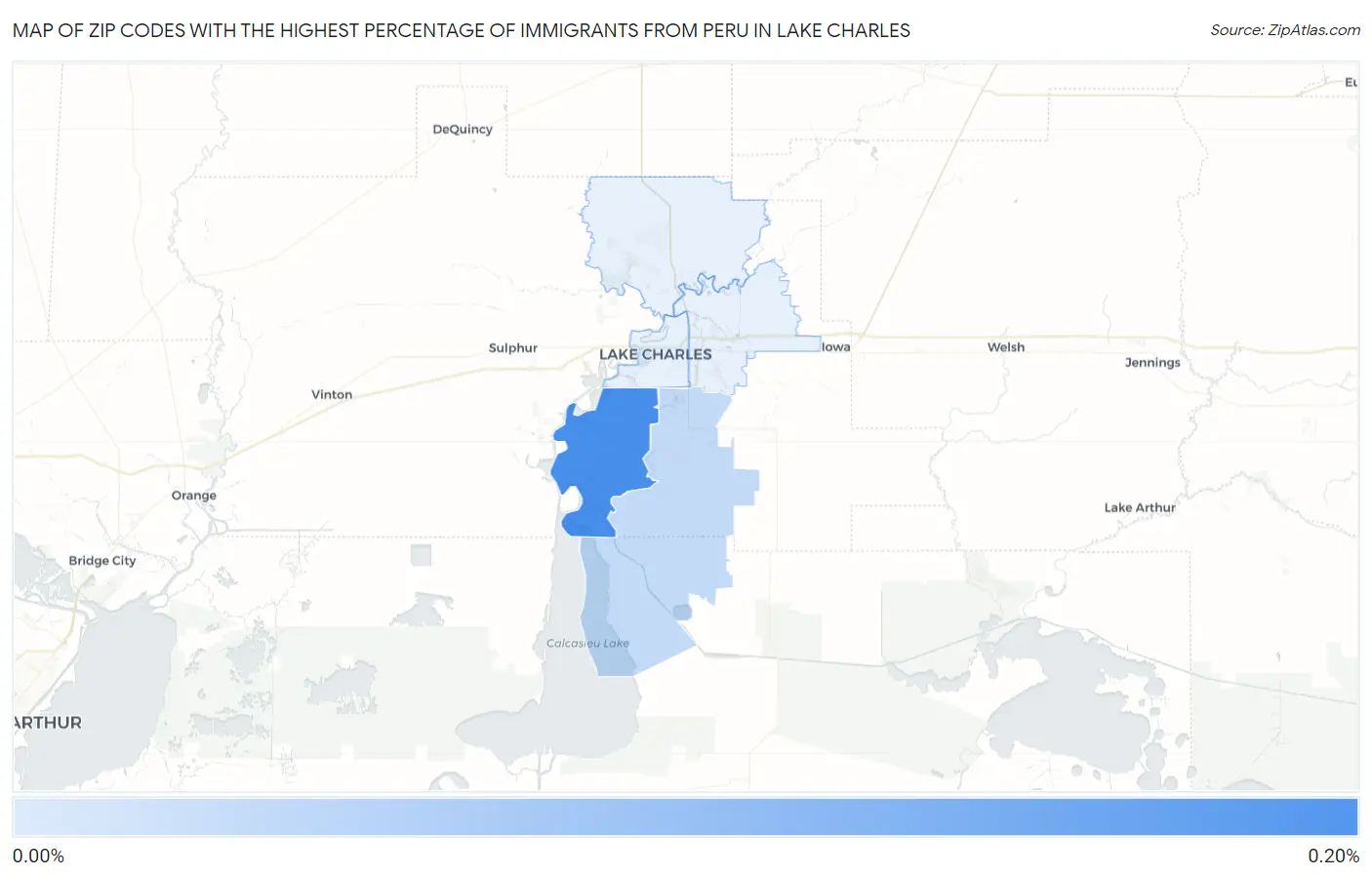 Zip Codes with the Highest Percentage of Immigrants from Peru in Lake Charles Map
