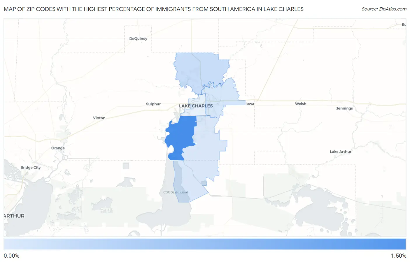 Zip Codes with the Highest Percentage of Immigrants from South America in Lake Charles Map