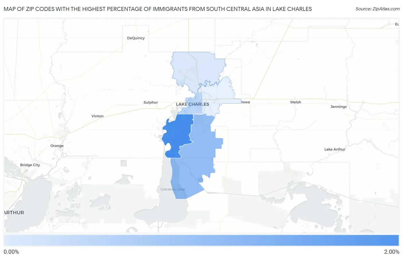 Zip Codes with the Highest Percentage of Immigrants from South Central Asia in Lake Charles Map