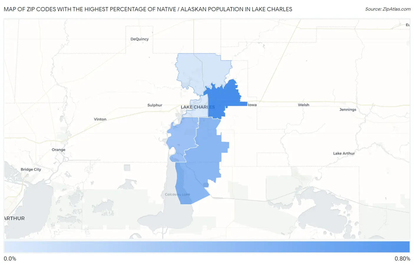 Zip Codes with the Highest Percentage of Native / Alaskan Population in Lake Charles Map