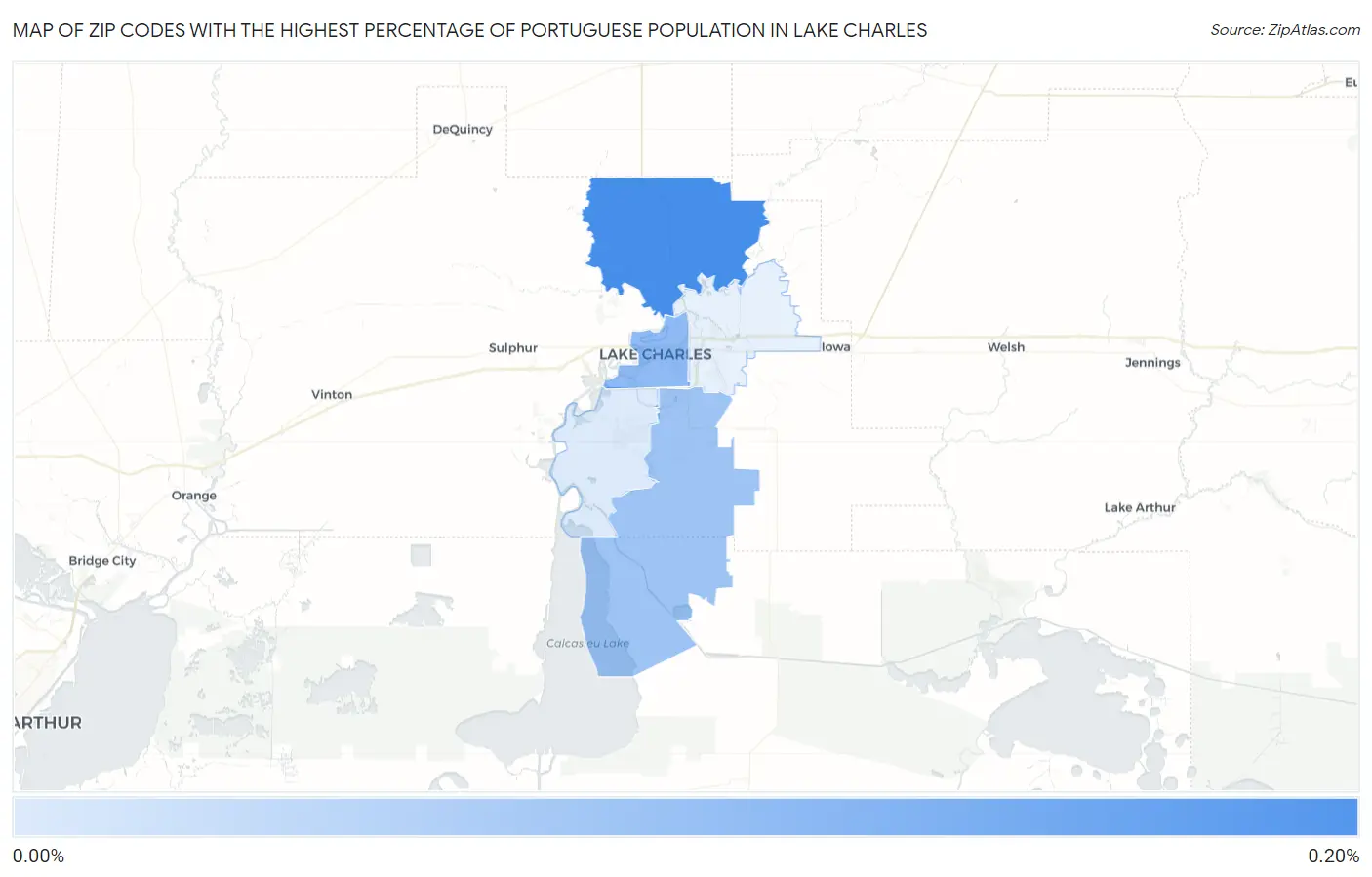 Zip Codes with the Highest Percentage of Portuguese Population in Lake Charles Map