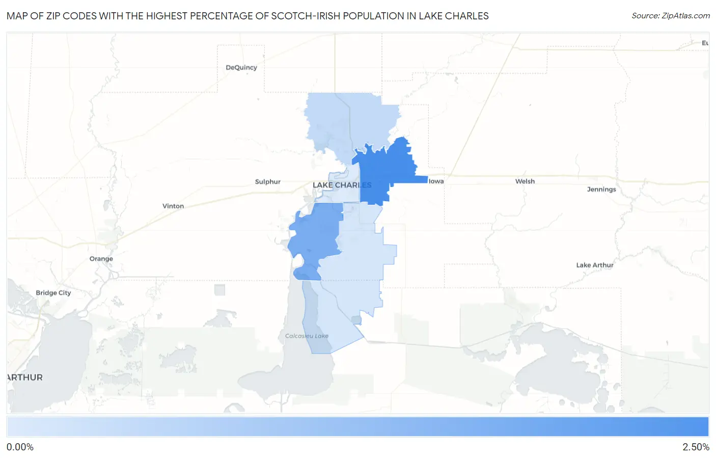 Zip Codes with the Highest Percentage of Scotch-Irish Population in Lake Charles Map