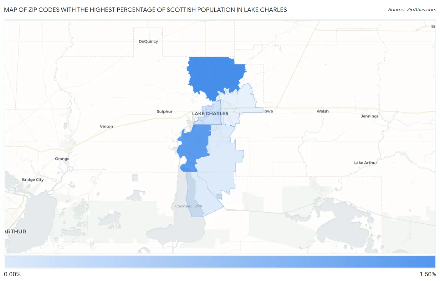 Zip Codes with the Highest Percentage of Scottish Population in Lake Charles Map