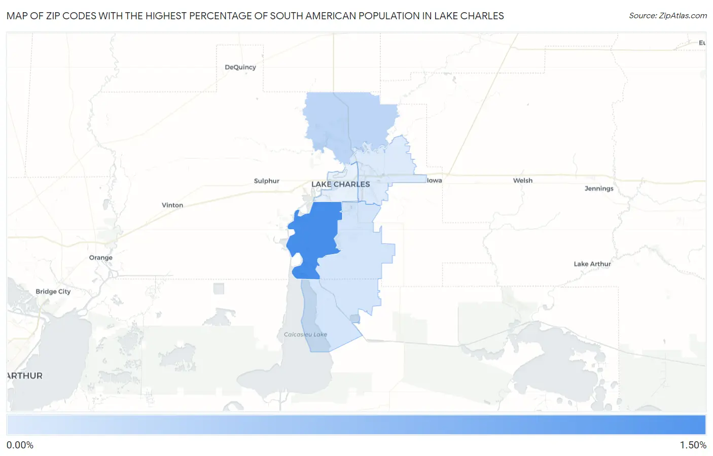 Zip Codes with the Highest Percentage of South American Population in Lake Charles Map