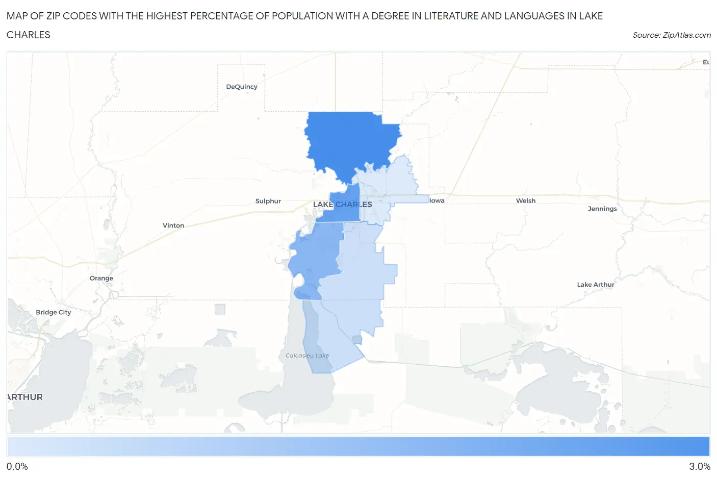 Zip Codes with the Highest Percentage of Population with a Degree in Literature and Languages in Lake Charles Map