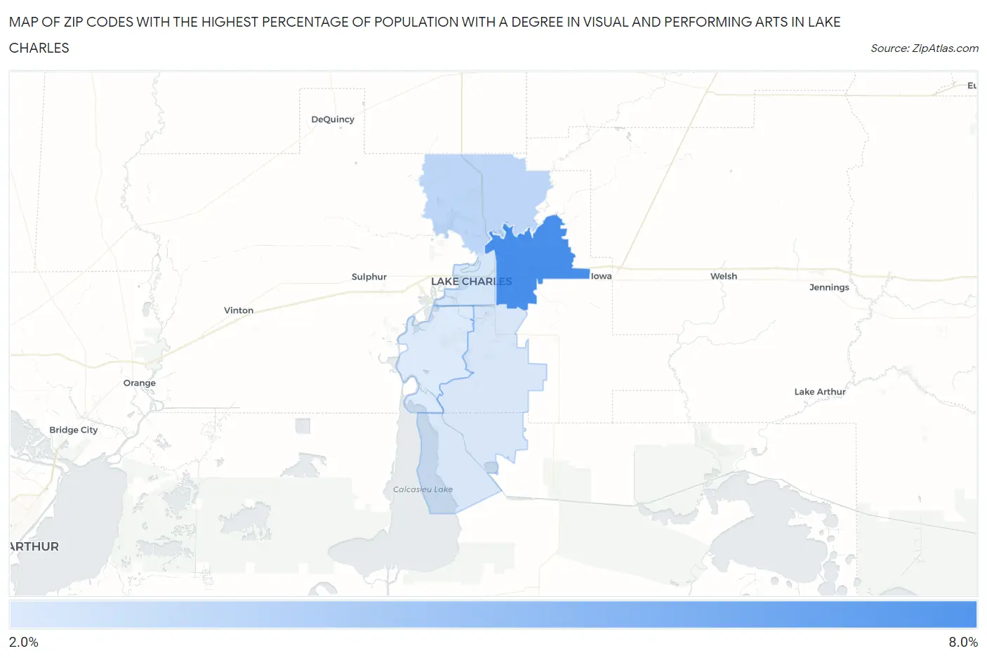 Zip Codes with the Highest Percentage of Population with a Degree in Visual and Performing Arts in Lake Charles Map
