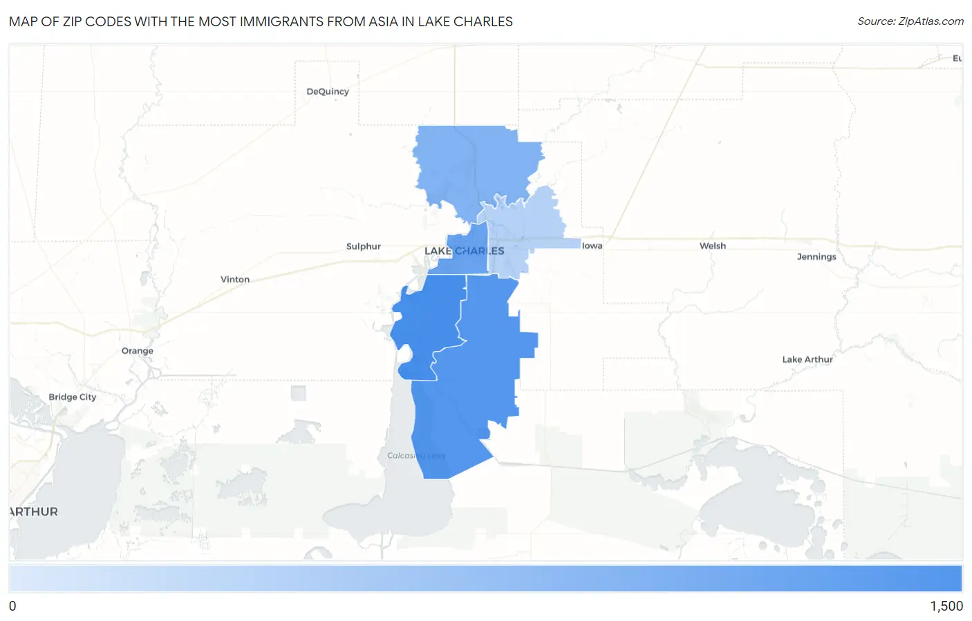 Zip Codes with the Most Immigrants from Asia in Lake Charles Map