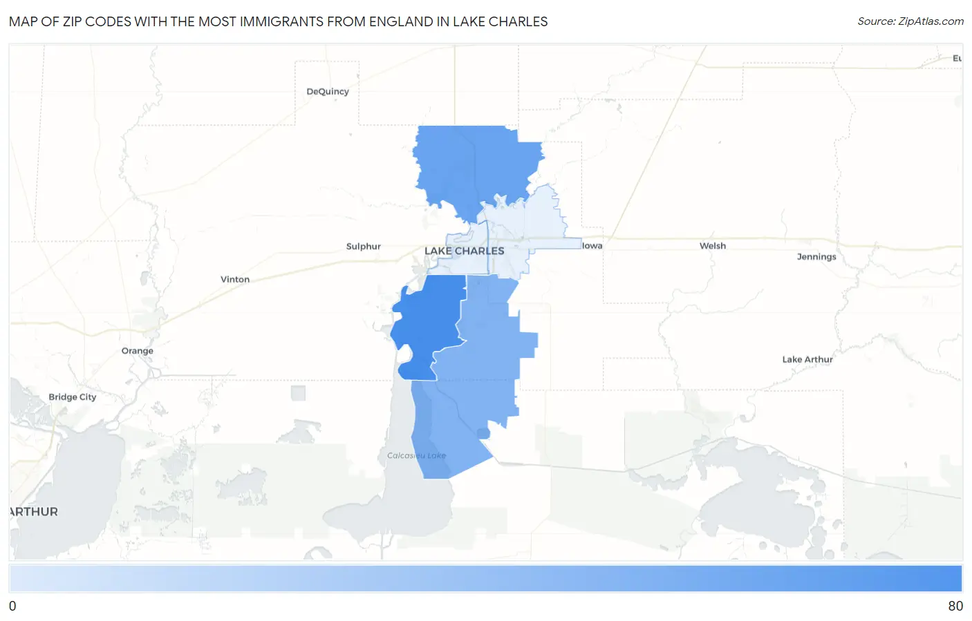 Zip Codes with the Most Immigrants from England in Lake Charles Map