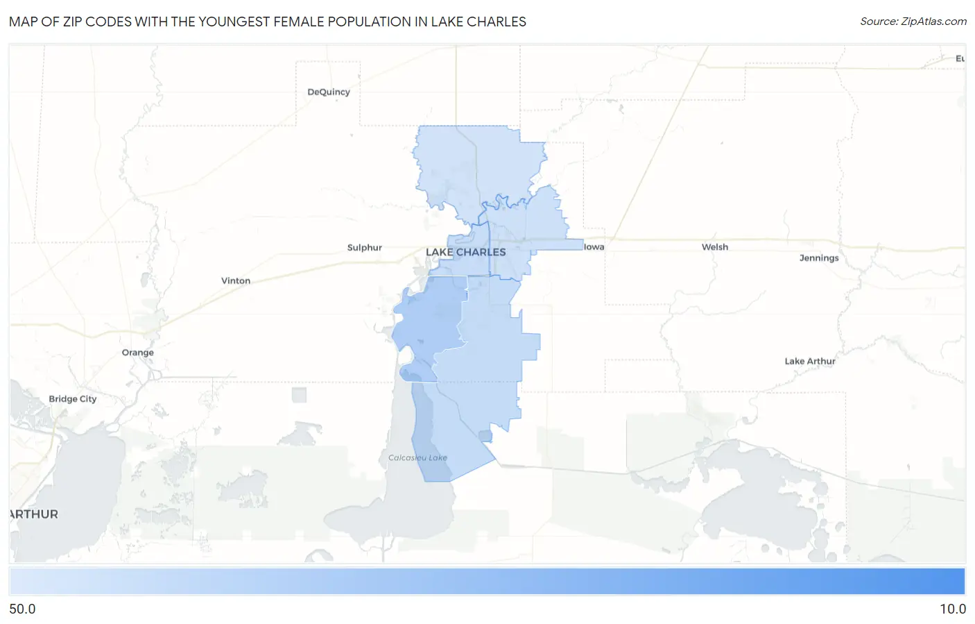 Zip Codes with the Youngest Female Population in Lake Charles Map