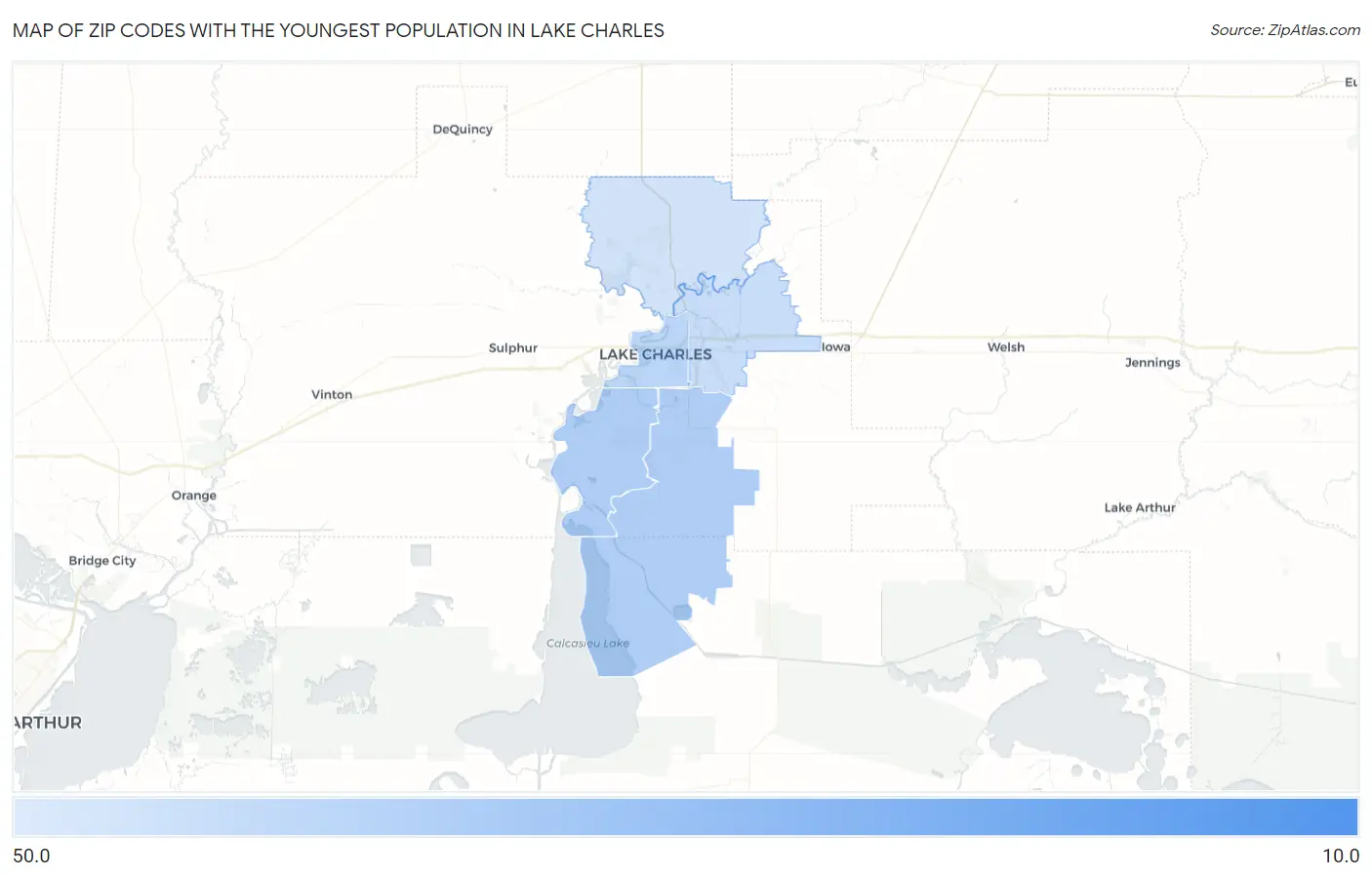 Zip Codes with the Youngest Population in Lake Charles Map