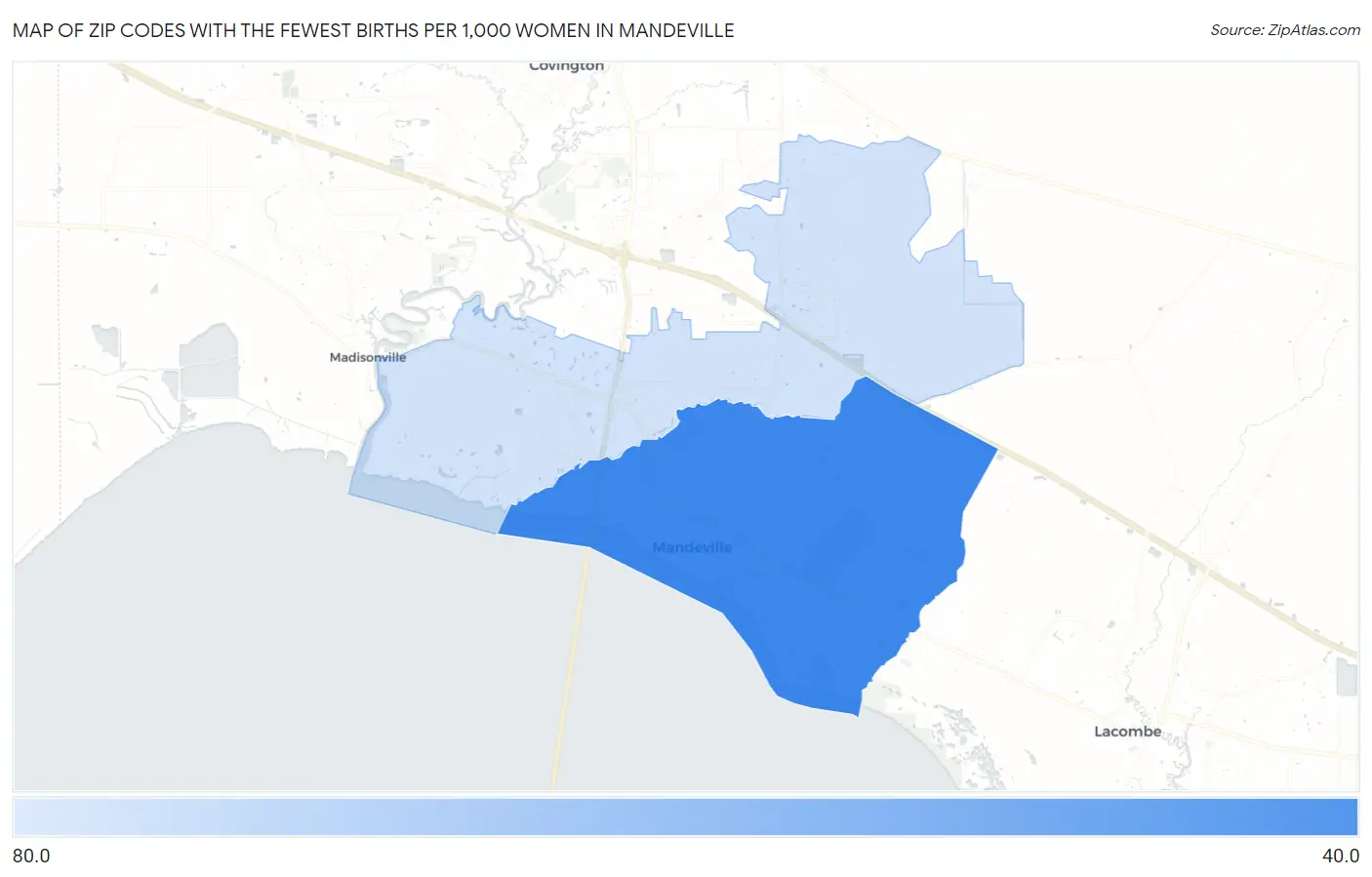 Zip Codes with the Fewest Births per 1,000 Women in Mandeville Map