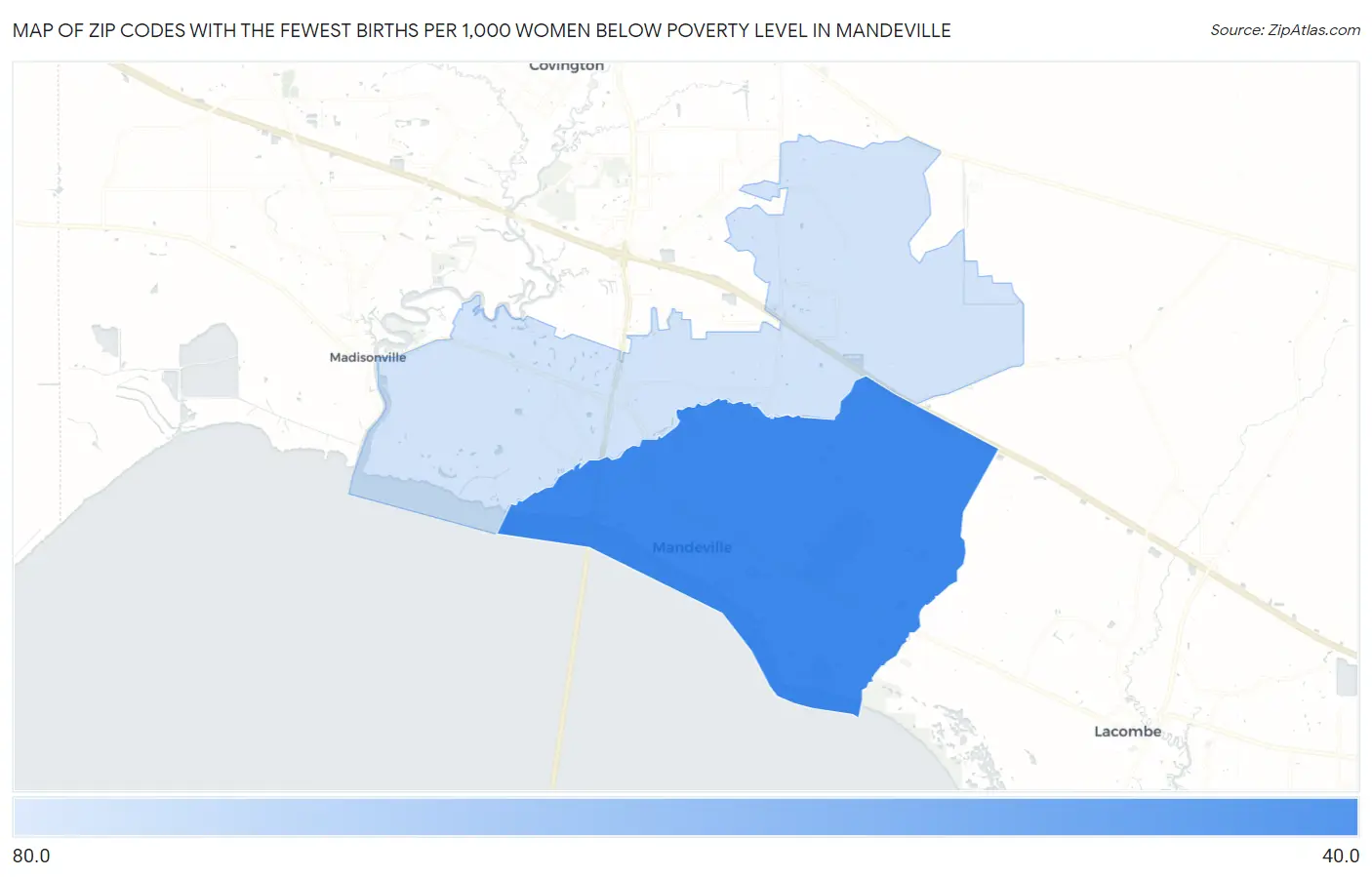 Zip Codes with the Fewest Births per 1,000 Women Below Poverty Level in Mandeville Map