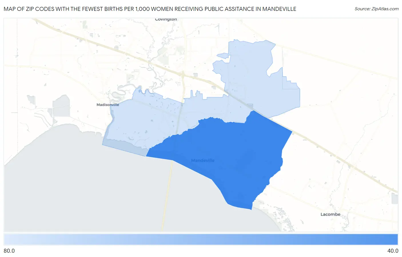 Zip Codes with the Fewest Births per 1,000 Women Receiving Public Assitance in Mandeville Map