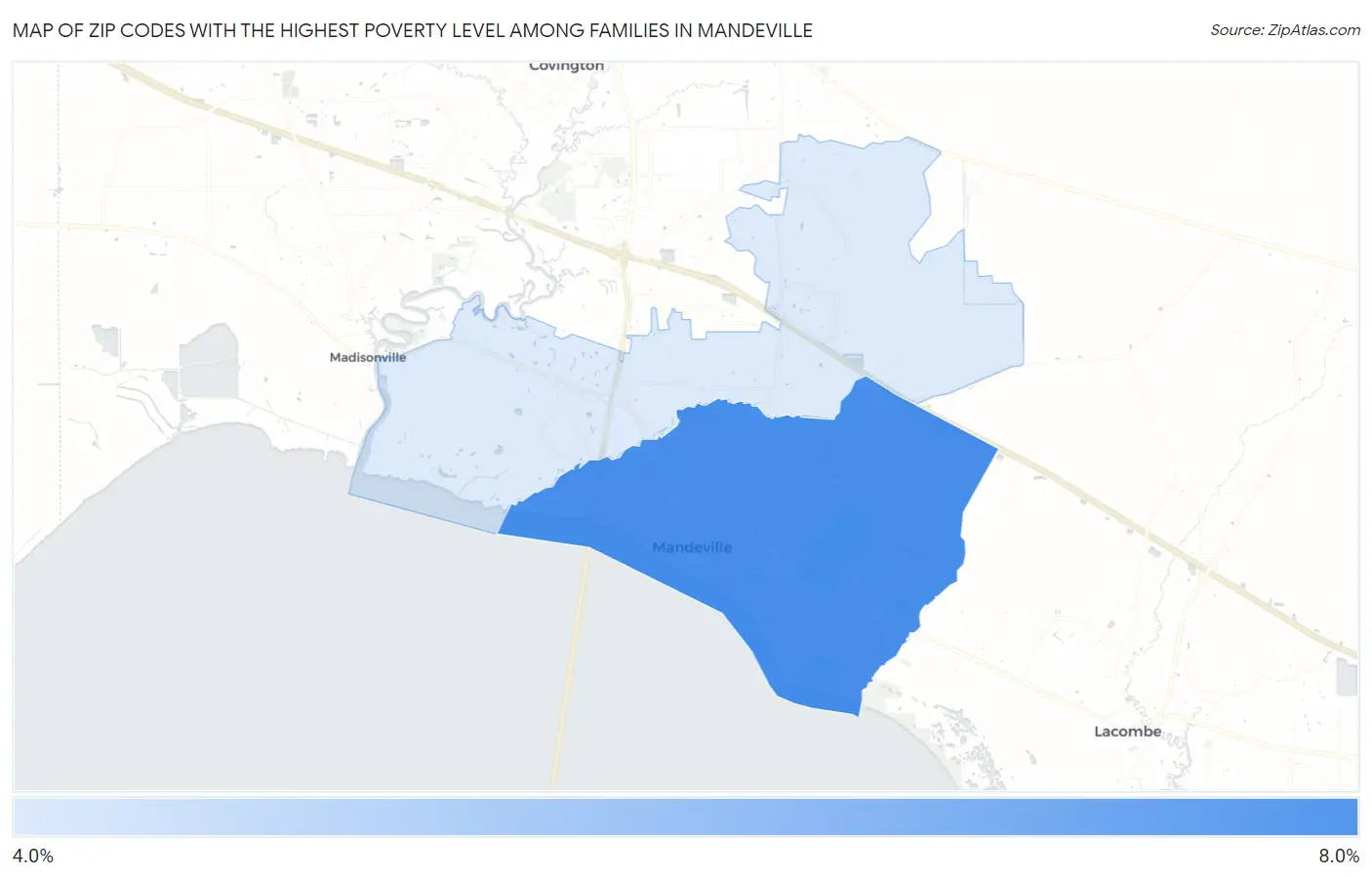 Zip Codes with the Highest Poverty Level Among Families in Mandeville Map
