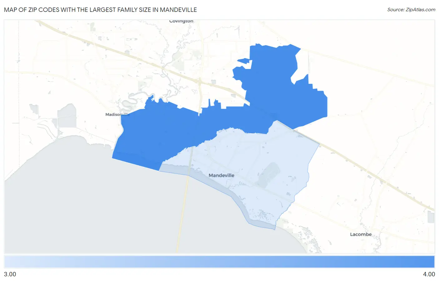 Zip Codes with the Largest Family Size in Mandeville Map