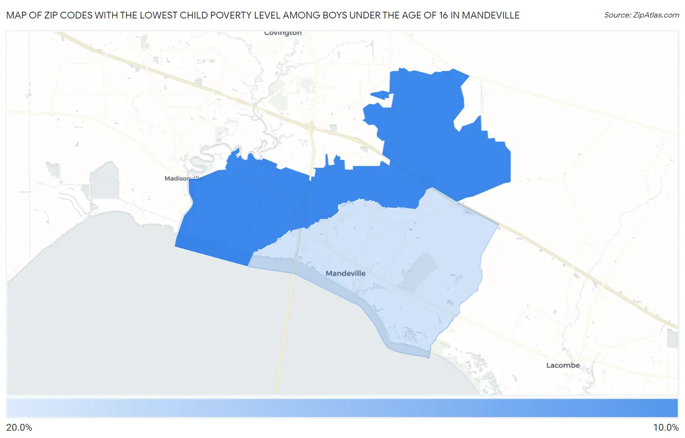 Zip Codes with the Lowest Child Poverty Level Among Boys Under the Age of 16 in Mandeville Map