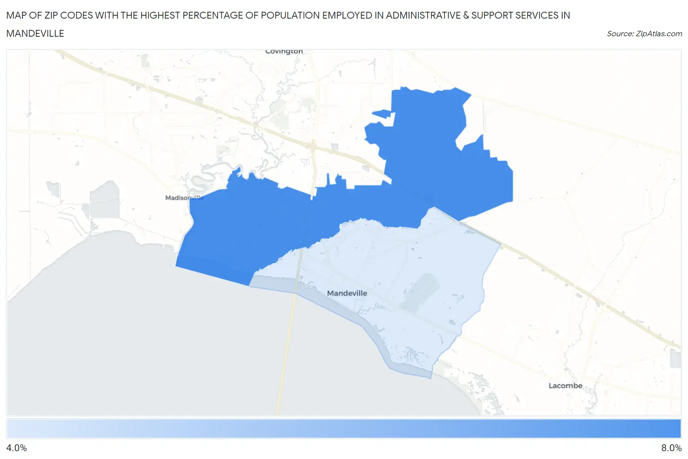 Zip Codes with the Highest Percentage of Population Employed in Administrative & Support Services in Mandeville Map