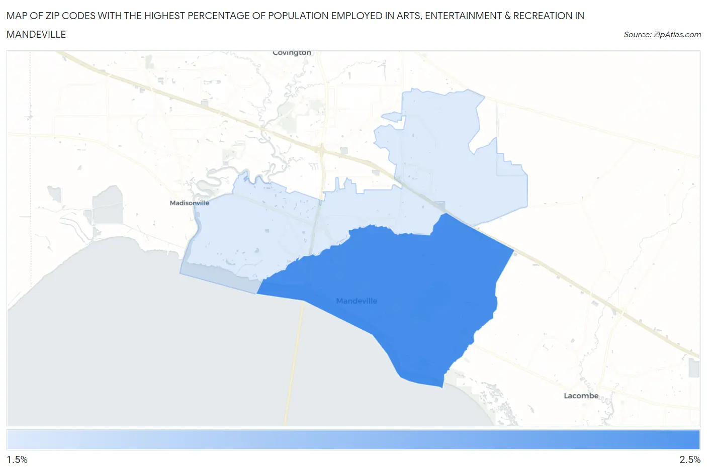 Zip Codes with the Highest Percentage of Population Employed in Arts, Entertainment & Recreation in Mandeville Map