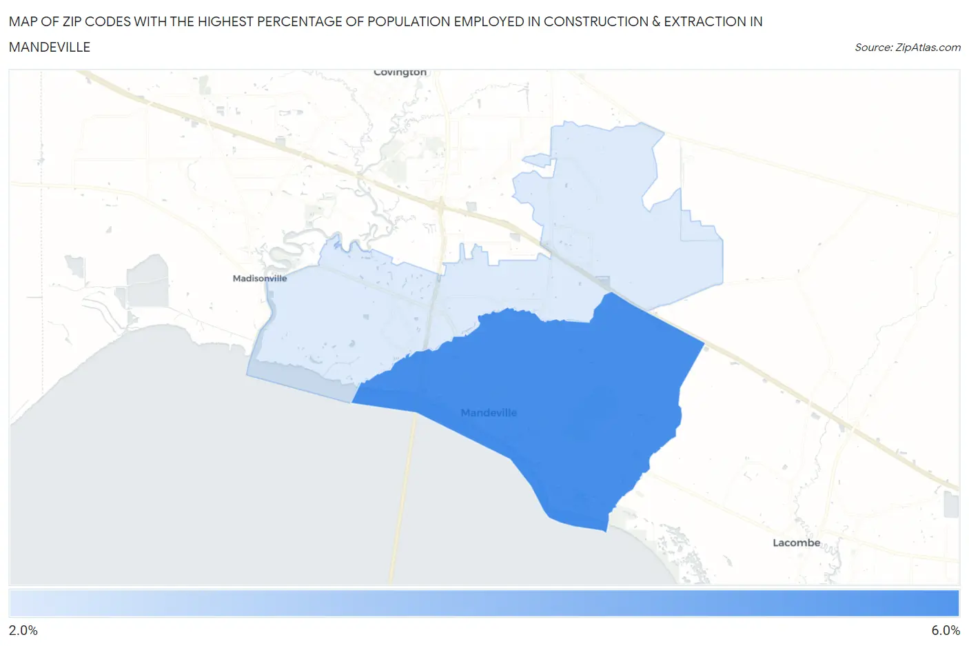 Zip Codes with the Highest Percentage of Population Employed in Construction & Extraction in Mandeville Map
