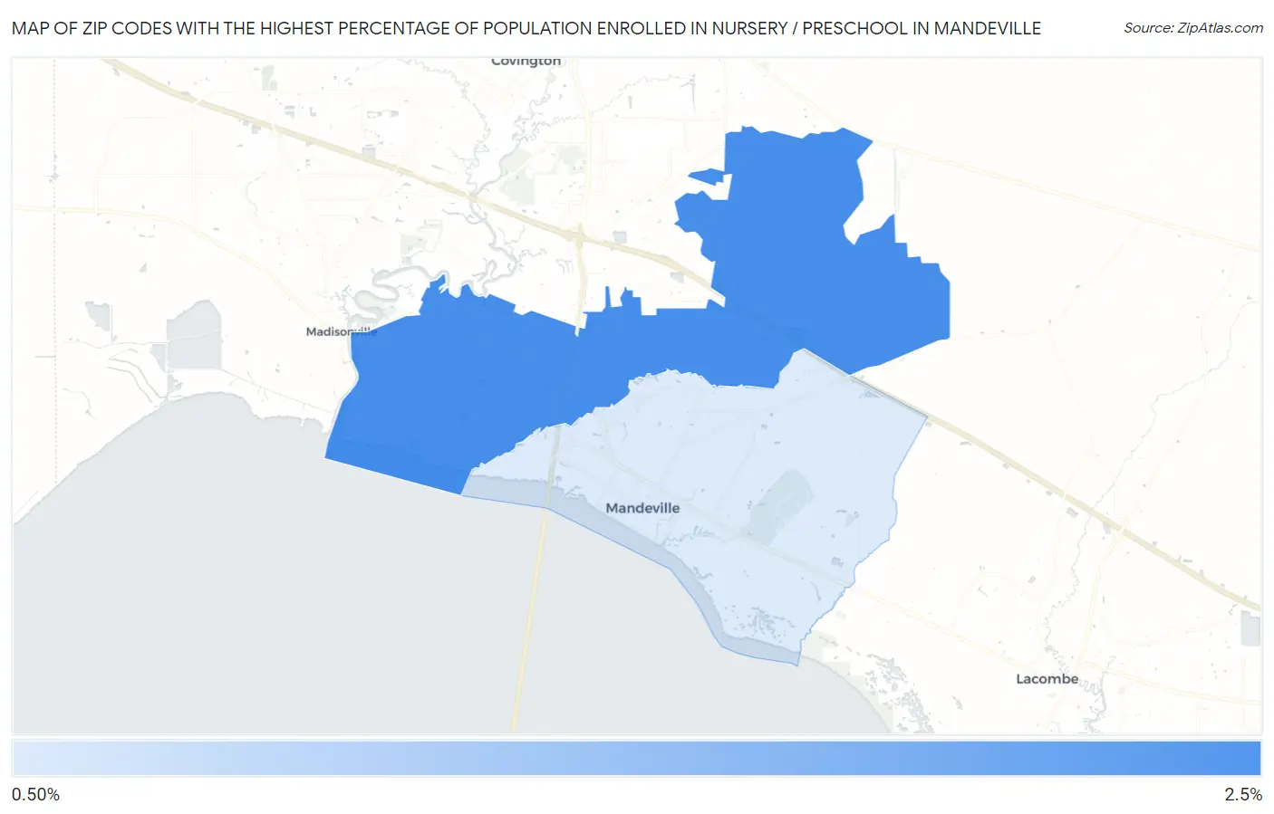 Zip Codes with the Highest Percentage of Population Enrolled in Nursery / Preschool in Mandeville Map