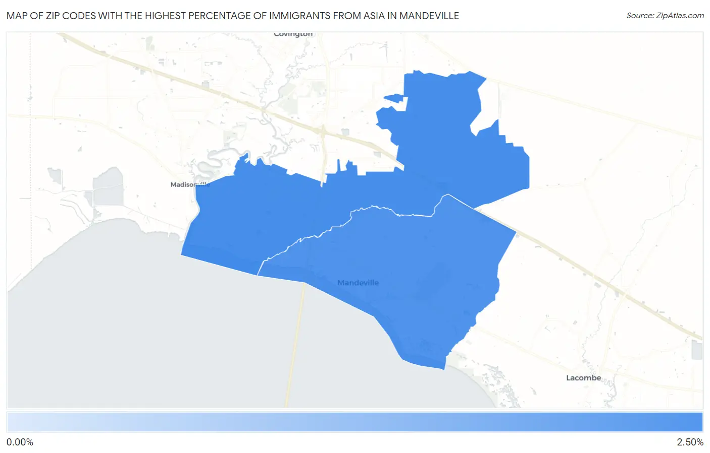 Zip Codes with the Highest Percentage of Immigrants from Asia in Mandeville Map