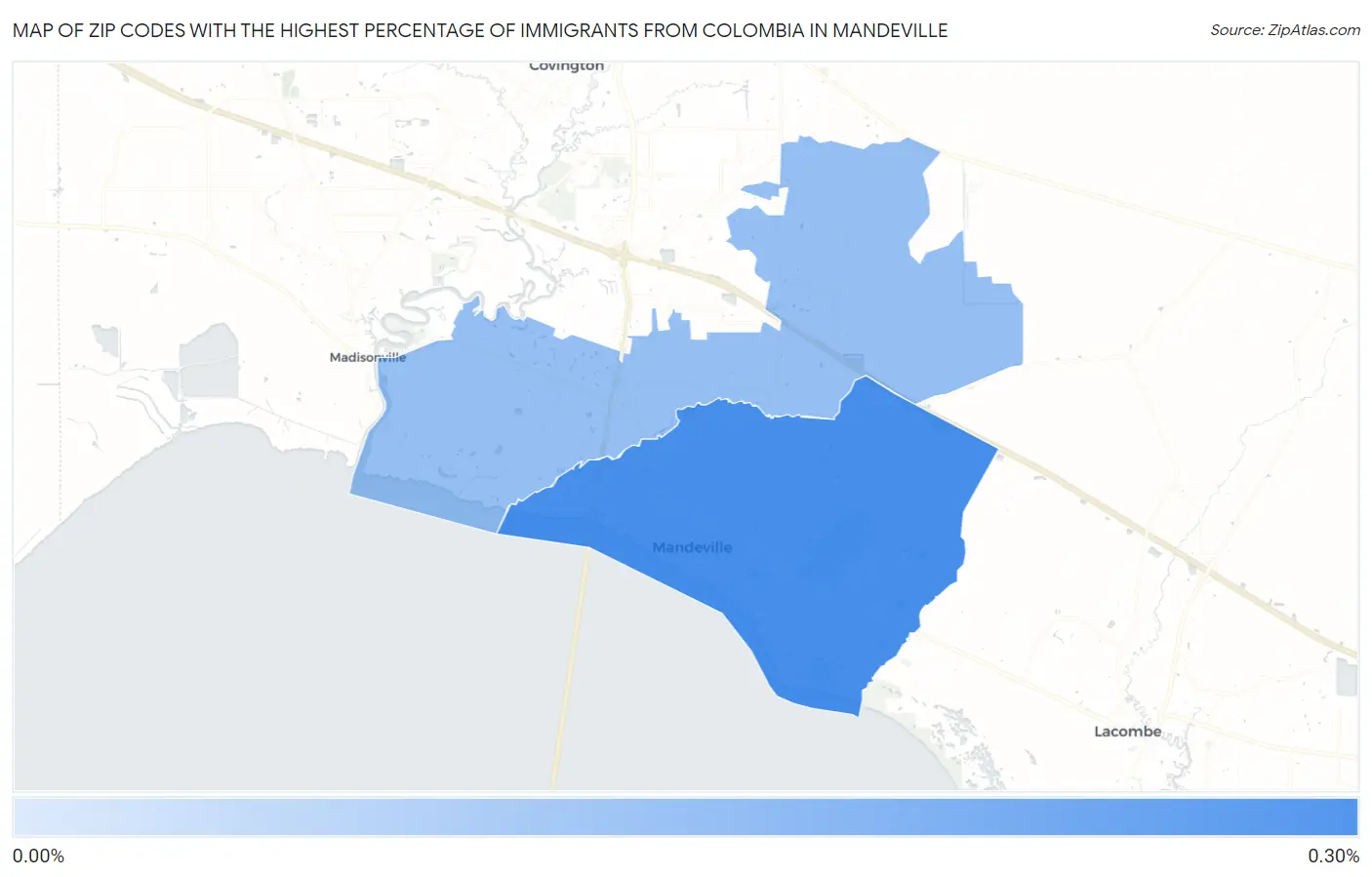Zip Codes with the Highest Percentage of Immigrants from Colombia in Mandeville Map