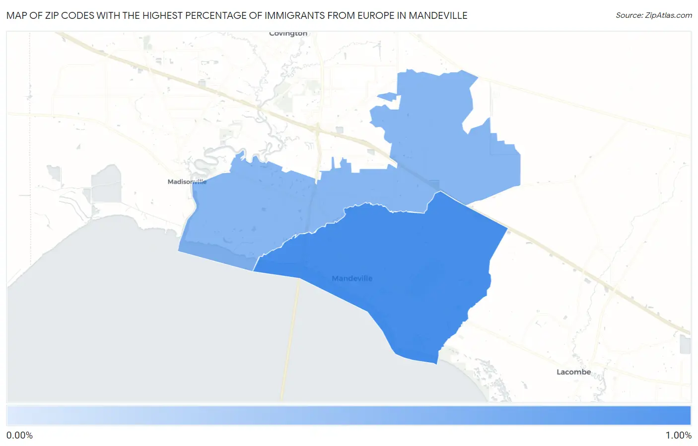 Zip Codes with the Highest Percentage of Immigrants from Europe in Mandeville Map