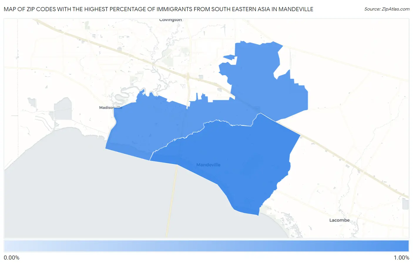 Zip Codes with the Highest Percentage of Immigrants from South Eastern Asia in Mandeville Map