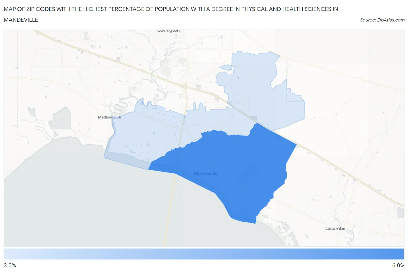 Zip Codes with the Highest Percentage of Population with a Degree in Physical and Health Sciences in Mandeville Map