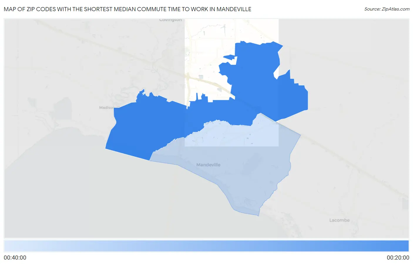Zip Codes with the Shortest Median Commute Time to Work in Mandeville Map
