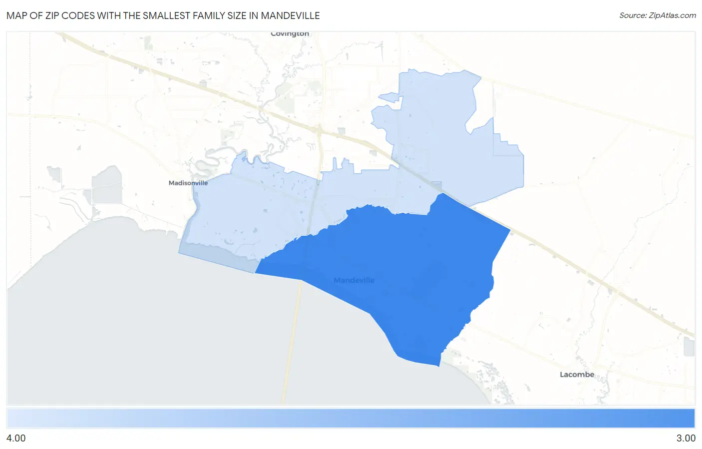 Zip Codes with the Smallest Family Size in Mandeville Map