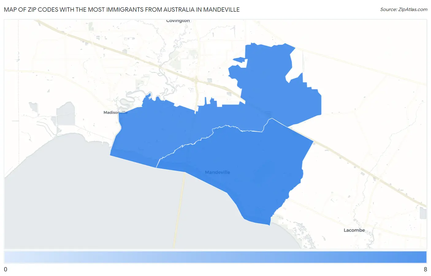 Zip Codes with the Most Immigrants from Australia in Mandeville Map