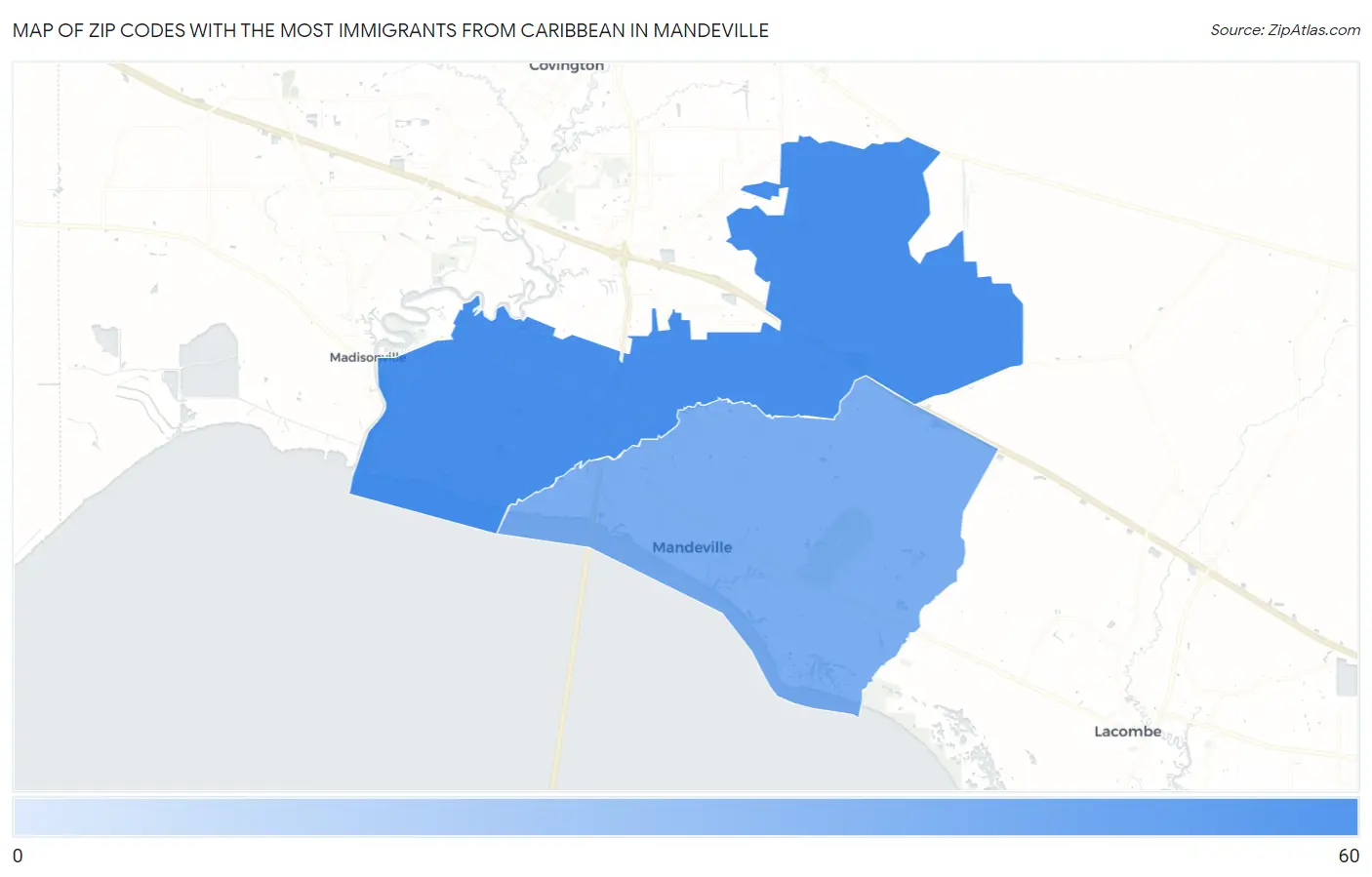 Zip Codes with the Most Immigrants from Caribbean in Mandeville Map