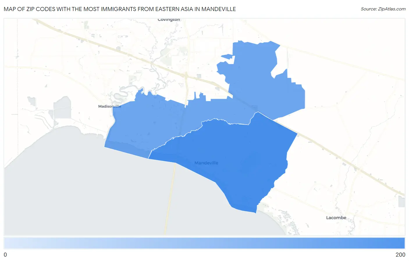 Zip Codes with the Most Immigrants from Eastern Asia in Mandeville Map