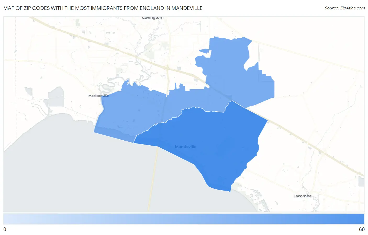 Zip Codes with the Most Immigrants from England in Mandeville Map