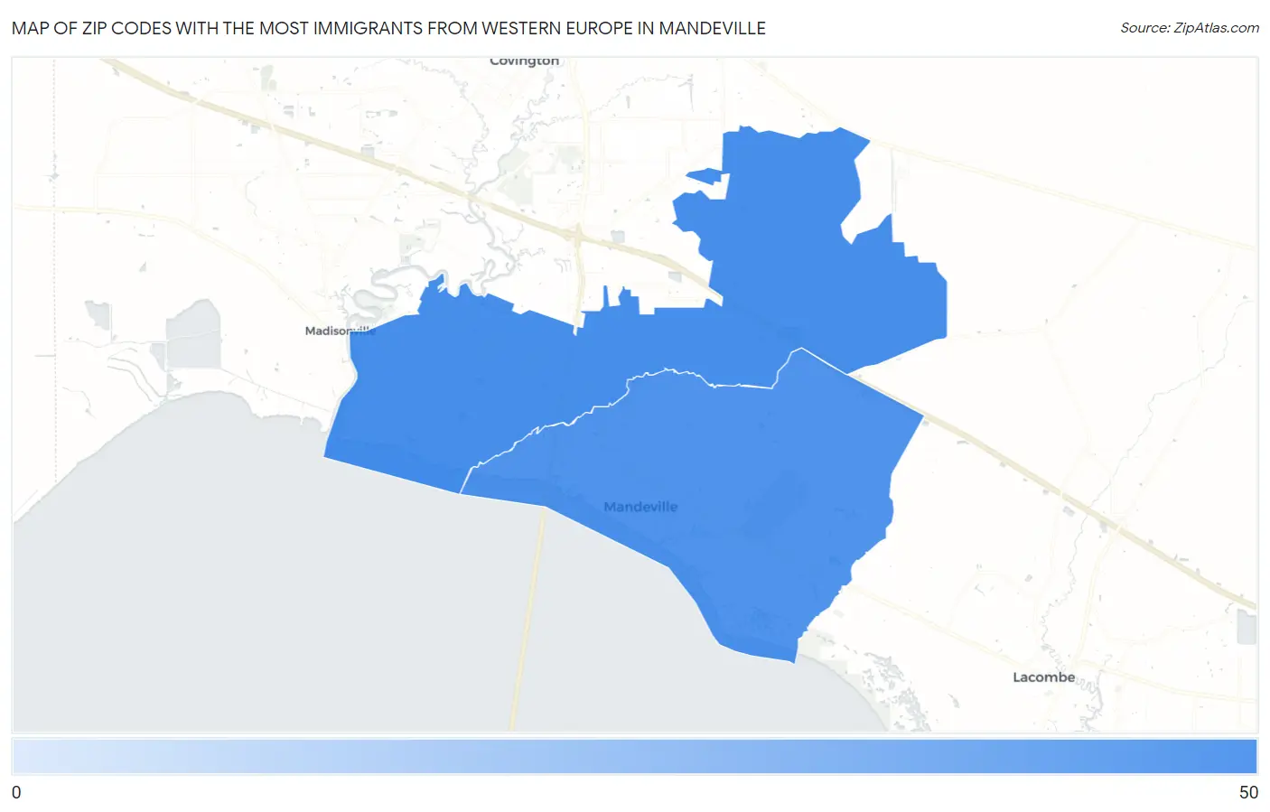 Zip Codes with the Most Immigrants from Western Europe in Mandeville Map