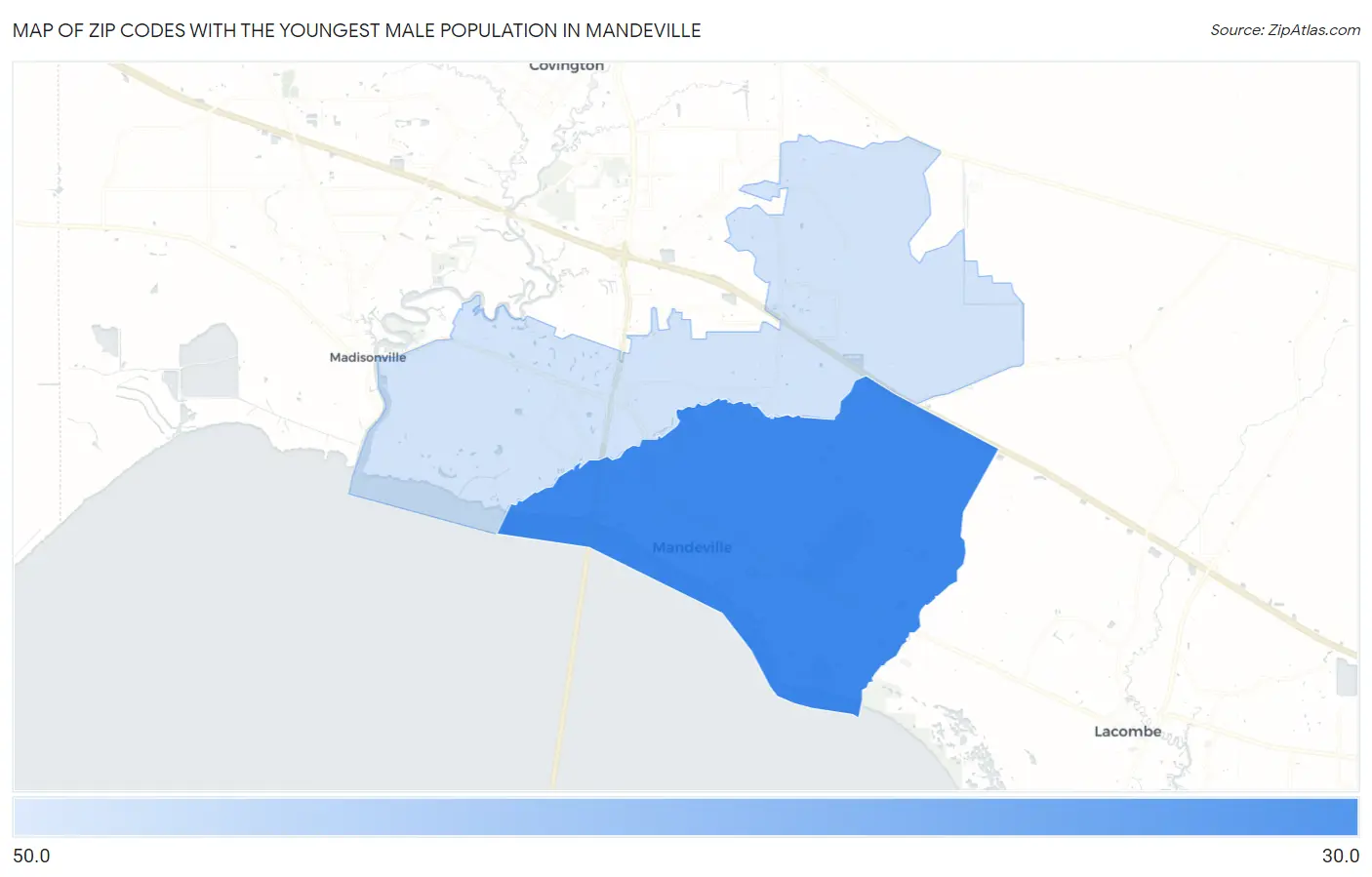 Zip Codes with the Youngest Male Population in Mandeville Map