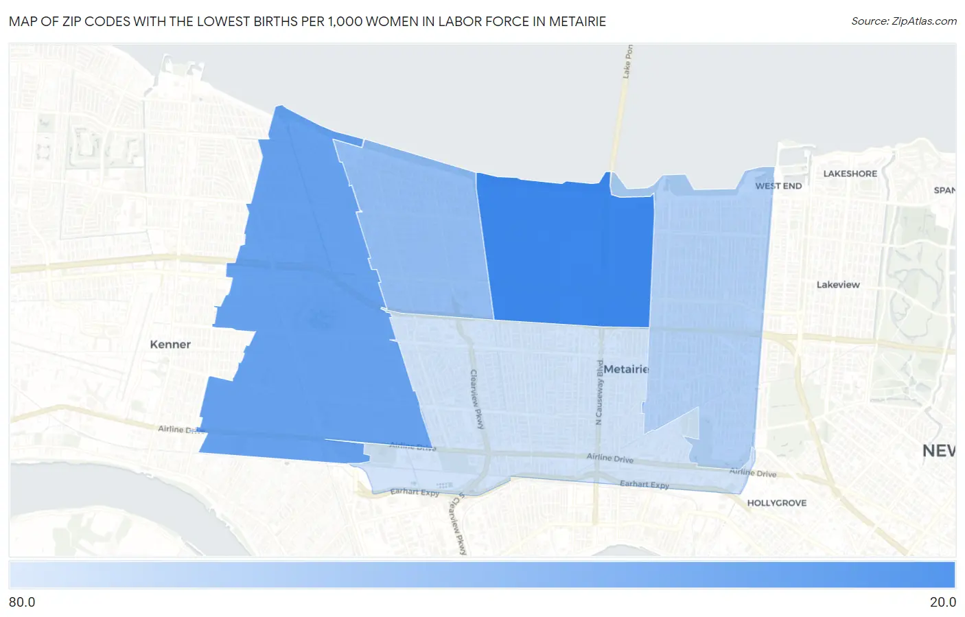 Zip Codes with the Lowest Births per 1,000 Women in Labor Force in Metairie Map