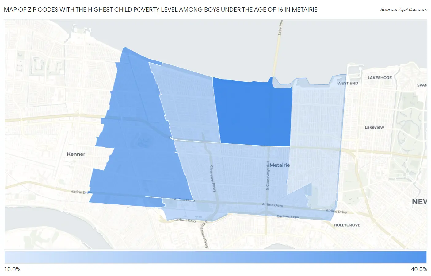 Zip Codes with the Highest Child Poverty Level Among Boys Under the Age of 16 in Metairie Map