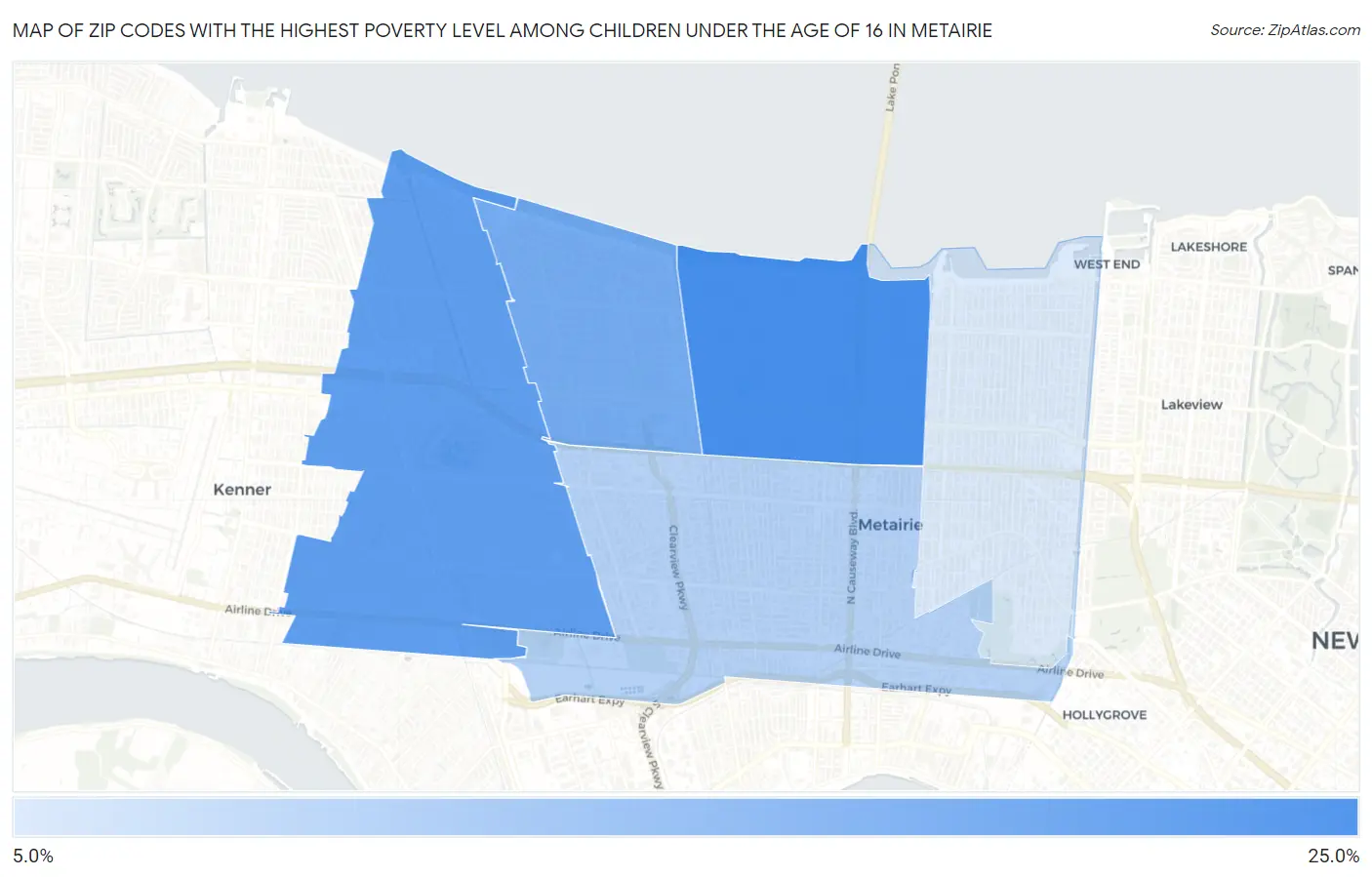 Zip Codes with the Highest Poverty Level Among Children Under the Age of 16 in Metairie Map